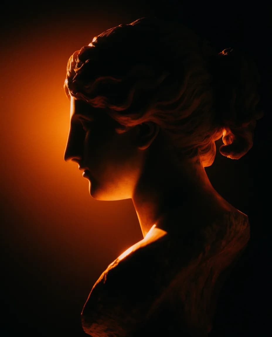 Busto romano de mármore, de perfil, iluminado por trás por uma luz âmbar